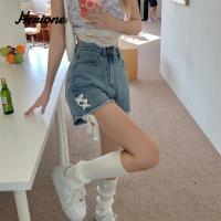 Celana Pendek Denim Herione ลูกไม้สำหรับผู้หญิงที่มีเอวสูงและขากว้างสีแดงสาย501b118