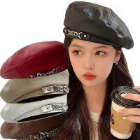 ▲✁ Fashion Hip Hop Chain Leather Beret Womens Color Octagonal Hat Painter Cap