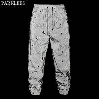 Mens Geometric Print Reflective Jogger Sweapants Fluorescent Trousers Harajuku Hip Hop Dance Festival Rave Night Sport Pants 3XL Protective Gear