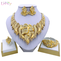 Liffly Nigeria Party Fashion Jewelry Sets Necklace Bracelet Earrings Ring All-match Jewelry Dubai Bridal Wedding Accessories