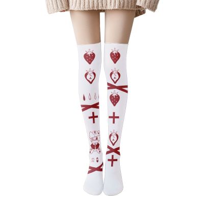 Japanese Girl Overknee Stockings Cross Strawberry Print Cartoon y Thigh Stockings Summer Fashion Female Student Long Socks