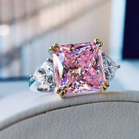 Trend 925 Sterling Silver Luxury 10*10mm 5ct Princess Square Pink Quartz Topaz Lab Diamond Wedding Engagement Womens Rings
