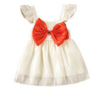 Dudubaby ชุดฤดูร้อนสำหรับเด็กผู้หญิง Glitter Flying Sleeves Square Neck Big Red Bow Decoration Outdoor Dress