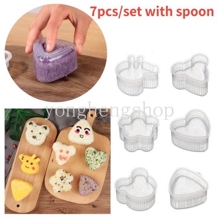 7pcs-set-cartoon-bear-triangle-shaped-japanese-onigiri-sushi-mold-with-spoon-diy-rice-ball-maker-press-mould-kids-bento-making-tool