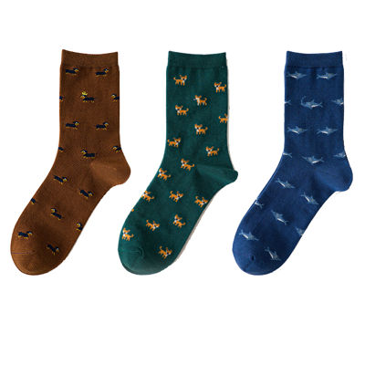 Caramella 2020 New Cotton Men Socks 3PairsLot Cartoon Animal Uni Socks Cute Dog Socks Funny Blue Shark Socks Couple Socks