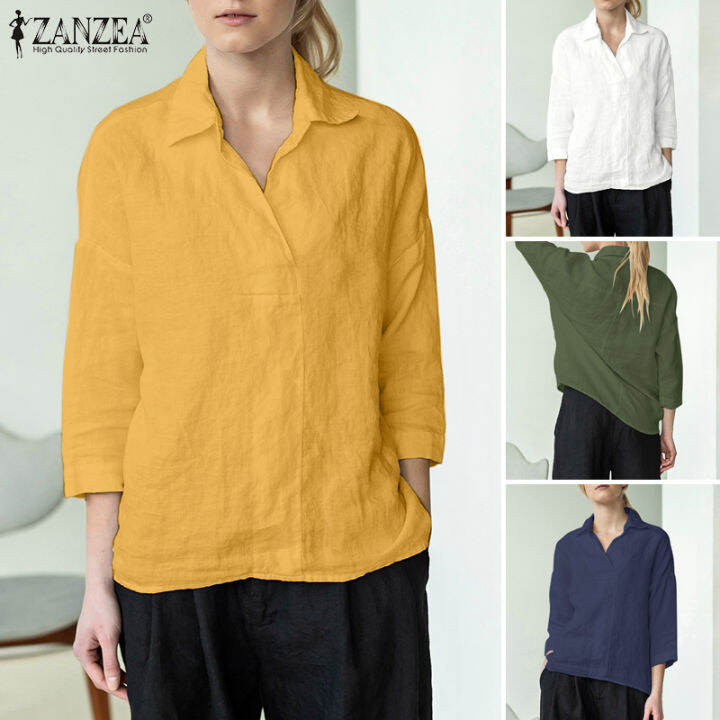 เคลียร์สต๊อกขาย-จัดส่งฟรี-fancystyle-zanzea-เสื้อฝ้ายลินินฤดูร้อนแขน3-4ปกขนาดใหญ่เสื้อออฟฟิศ-15