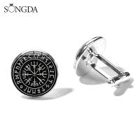 Nordic Vikings Compass Runes Men 39;s Cufflinks High Quality Silver Color Glass Cabochon Shirt Suit Cuff Links Husband Gift