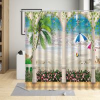 Window Opening Scenery Seaside Beach Flower Bathroom Curtains Nature Landscape Bathtub Decor Waterproof Shower Curtain With Hook