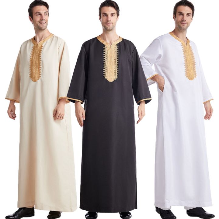 【A NEW】 Muslim Men Jubba Thobe Solid Color Breathable Embroidery Long ...