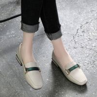 ❧ Dadongge Really Soft Leather 2023 New Womens Shoes Spring Thick Heel Flat Bottom Versatile Low Heel Square Toe Loafers