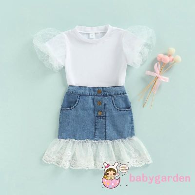 【Candy style】 Babygarden- ชุดเสื้อยืดคอกลม แขนสั้น ผ้ายีน ลายจุด แต่งลูกไม้ ยืดหยุ่น สําหรับเด็กผู้หญิง อายุ 1-5 ปี