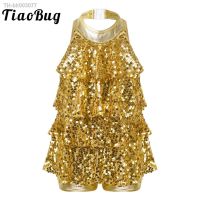 ✙❒▬ Kids Halter Shiny Sequins Gymnastics Shorty Unitards Dress Girls Ballet Leotard Stage Performance Latin Jazz Dance Costume