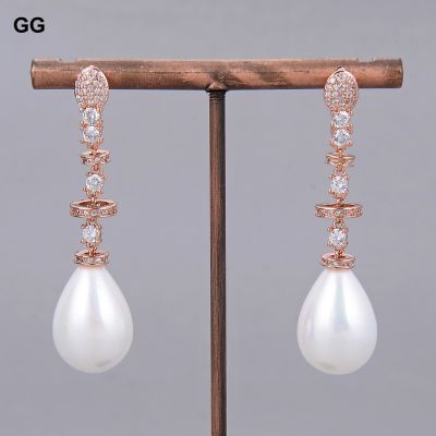 GG Jewelry Natural White Teardrop Sea Shell Pearl Rose Gold Color Plated Chain Earrings For Women Lady Jewelry Gift