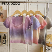 PEAR DODO เสื้อถักแขนสั้นสำหรับผู้หญิงเสื้อยืดสั้นคอสี่เหลี่ยมไล่ระดับสีแบบเกาหลี