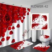 【Bathroom sale】3DPrintingFlowers ม่านอาบน้ำโพลีเอสเตอร์ผ้าม่านห้องน้ำ RedSetMats พรม