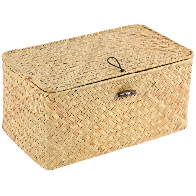 Handmade Straw Woven Storage Basket with Lid Makeup Organizer Storage Box Seagrass Laundry Baskets Rattan Jewelry Box