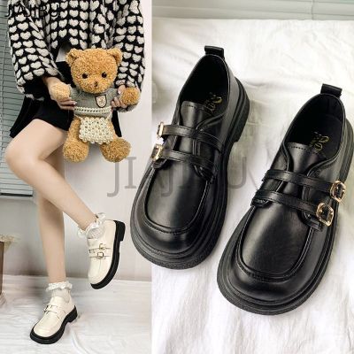 *Korean Fashion Platform Mary Jane Shoes High-quality Womens Shoes British College Style Student Leather Shoes Double Buckle Round Toe Small Leather Shoes Japanese JK Uniform Shoes Cute Doll Shoes White Princess Shoes Casual All-match Lolita Shoes