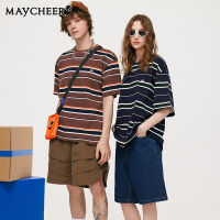 MAYCHEER   เสื้อยืดลายทางทรงหลวมแขนสั้นแนวโน้มแฟชั่นผู้ชายวินเทจแบบคู่เสื้อคอตตอน