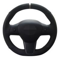 Car Steering Wheel Cover Hand-stitched Soft Black Genuine Leather Suede For Tesla Model 3 2015- Model Y