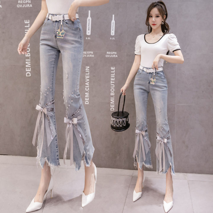 real-shot-european-station-jeans-2023-new-autumn-fashion-high-waist-worn-irregular-heavy-craft-beaded-bell-bottom-pants-womenth