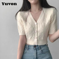 Yuvon เสื้อคาร์ดิแกนถักแขนสั้นผู้หญิง,ย้อนยุคที่สวยงามทันสมัยบางบิดแป้งโดว์ทอดเสื้อเอวลอยกระดุมแถวเดียวคอวี