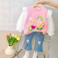 2023 Spring Kids Clothing Sets Baby Girls Lace Floral T Shirt Jeans 2 Pcs Suits Cartoon Infant Clothes Outfits Children Costume