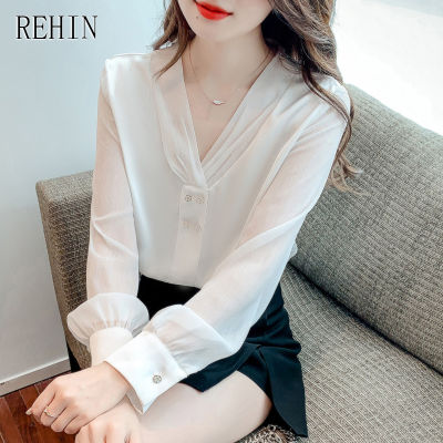 REHIN Women S Top V-Neck Long Sleeve Shirt Splicing Simple Commuter Work Wear Elegant Blouse