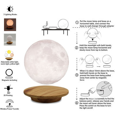 แม่เหล็กลอยดวงจันทร์แสง LED แปลกโคมไฟ3D ดวงจันทร์โคมไฟลอยลอย LED ไฟกลางคืน3สีหรี่แสงได้ตกแต่งแสง