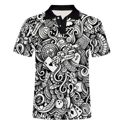Business Mens Polo Shirt Black White Poker Pattern Stand Collar Short Sleeve Top Funny Oversize Tee Trend Fashion Dropship