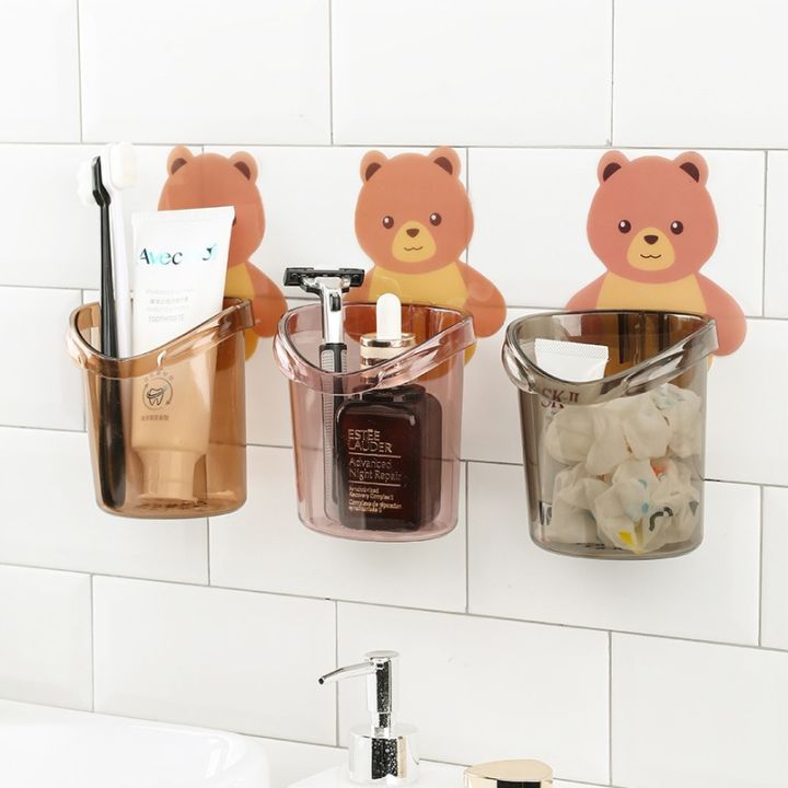 ชั้นเก็บของถ้วยใส่แปรงสีฟันแบบแขวนติดผนังรูปหมีตุ๊กตาหมีอุปกรณ์จัดระเบียบอุปกรณ์ในห้องน้ำในห้องน้ำ