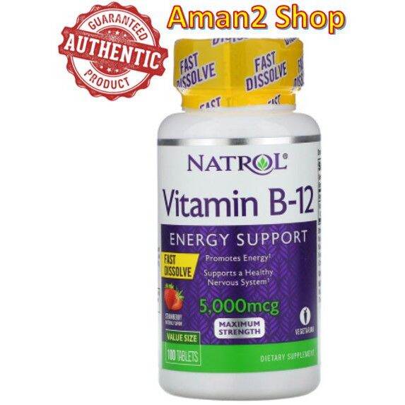 100 Tablets, Natrol, Vitamin B12, 5000 mcg, Strawberry, Fast Dissolve
