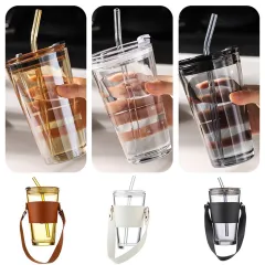 Leadiy Brown Glass Coffee Mug with Lid, Clear Glass Coffee Cups, Classical  Vertical Stripes Coffee M…See more Leadiy Brown Glass Coffee Mug with Lid
