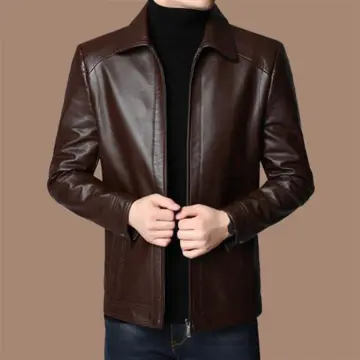 Warm Fleece PU Jacket, Men's Casual Solid Color Zip Up Lapel Faux Leather  Jacket For Fall Winter