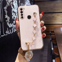 Maitus เคสสำหรับ Realme 5 5 5 Pro 5i 5S 6 Pro 6i XT พร้อมสร้อยข้อมือโคลเวอร์สี่ใบสุดหรูกรอบสี่เหลี่ยมเคลือบ6D เคสมือถือป้องกันซิลิโคนเงากรอบด้านหลัง