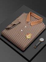 2023 summer new style navy pinstripe t-shirt mens short-sleeved high-end cotton Polo shirt middle-aged embroidered top a 【SSY】