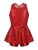 Kids Girls Ballet Dancewear Sleeveless Sequined Criss Cross Back Waist Bowknot Jazz Modern Tap Dance Gymnastic Leotard Dress