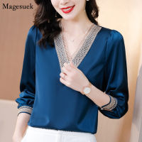 Elegant Lace Chiffon Satin Shirt Women Autumn New Long Sleeve V Neck Loose Woman Blouses Office Lady Tops Female Clothing 16134