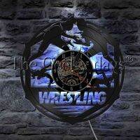 Wrestling Ring Men Wrestling Pose Vinyl Record Wall Clock With LED illumination Freestyle Combat Sport LED Night Lamp