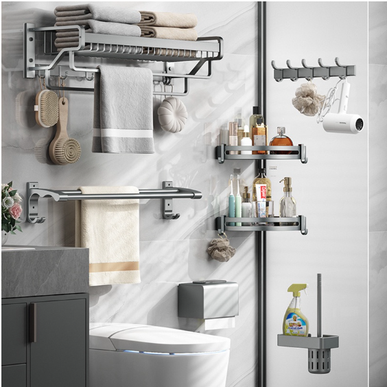 [SG ] No Drilling Premium Grey Towel Rack Toilet Rack Bathroom Storage