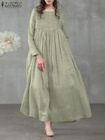 2023 ZANZEA Women Vintage Autumn Sundress Robe Femme Casual Solid Party Vestidos Oversize O Neck Long Sleeve Pleated Maxi Dress