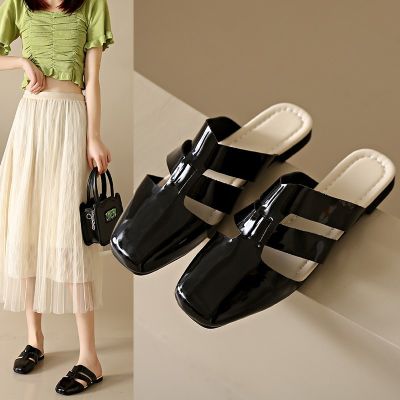 Kslm รองเท้าผู้หญิงรองเท้าแตะ Baotou ฤดูร้อน2023,รองเท้าแตะผู้หญิงเสื้อนอกหัวเหลี่ยมสีทึบพื้นรองเท้าส้นแบนกลวง