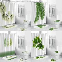 【CW】☌  Leaves Printing Shower Curtain Curtains Anti-slip Set Toilet Rugs