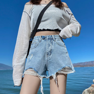 CODHEY+JEANS Retro Ripped DENIM กางเกงขาสั้นผู้หญิง 2023 ฤดูร้อนใหม่เอวสูงกระชับสัดส่วนหลวมขากว้างกางเกงร้อน