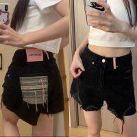 กางเกงขาสั้น Fat Sister embroidery ripped denim shorts for women summer thin section high waist large size Loose raw edge a-line hot pants