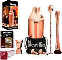 Rose Copper Cocktail Shaker Set Bartender Kit by BARILLIO: 24 oz Stainless Steel Martini Mixer, Muddler, Mixing Spoon, Jigger, 2 Liquor pourers, Velvet Bag Recipes Booklet &amp; eBook