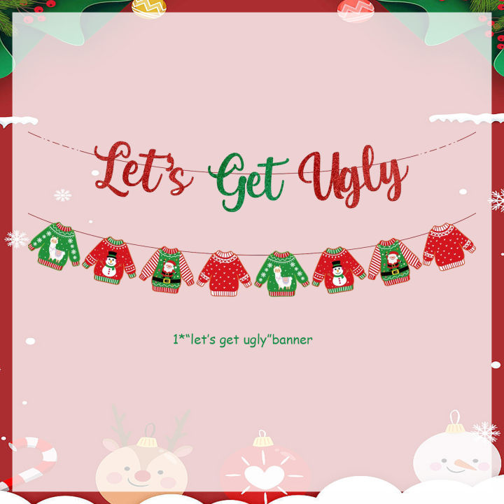 jollyboom-เสื้อกันหนาวน่าเกลียด-christmas-party-decorations-let-s-get-ugly-glitter-banner-เสื้อกันหนาวน่าเกลียด-garland-กับ-santa-snowman-พิมพ์สำหรับ-merry-christmas-party-xmas-holiday-supplies-home-d