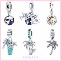 PAMELA 925 Sterling Silver Coconut Tree Palm Tree Charm Airplane Earth Beads DIY For Original Pendant celet Jewelry For Women