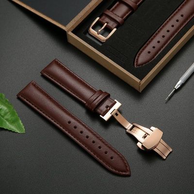 【Hot Sale】 Plain leather watch strap male and female butterfly double snap buckle calfskin gift box soft genuine waterproof