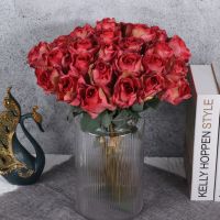 【DT】 hot  Simulation Flowers Burnt Edge Retro Rose Bouquet Wedding Floral Garden Auditorium Decor Silk Perfume Roses Artificial Flower