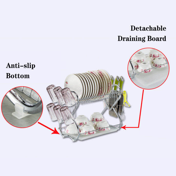 2ชั้นสแตนเลสชั้นวางจานครัวถ้วยแห้งถาดคว่ำจานที่ใส่ช้อนส้อม